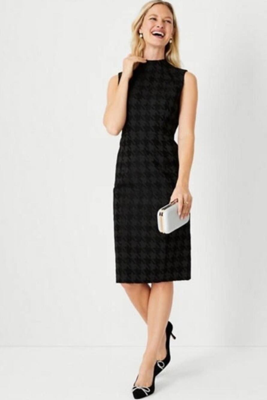ANN TAYLOR new black sleeveless velvet jacquard mock neck houndstooth dress